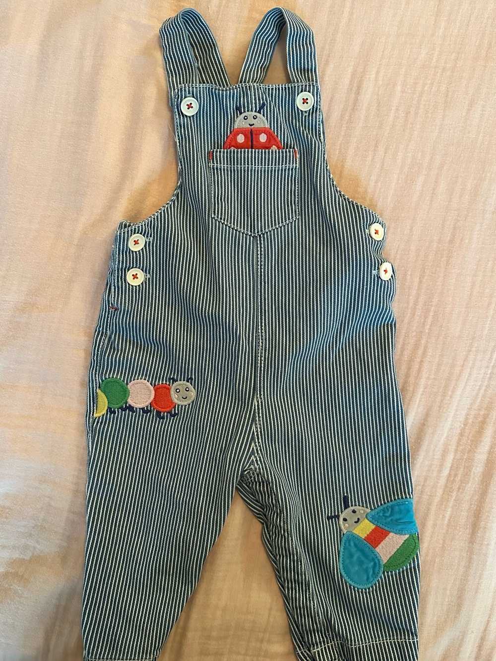 Baby Boden Blue and White Striped Overalls with Colorful Bug Appliqués